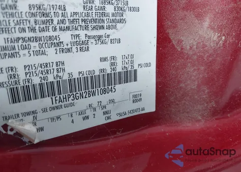2011 Ford Focus Ses from USA, damaged, VIN 1FAHP3GN2BW108045